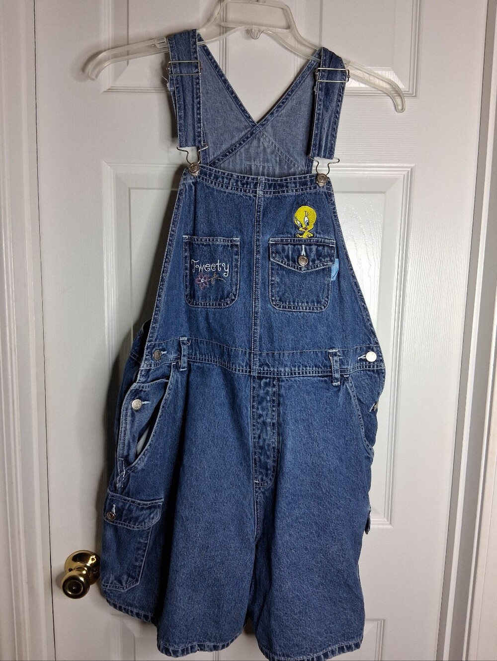 Vintage Looney Tunes Tweety Bird Blue Denim Short Overalls Y2K 2000 Size 14W 16W